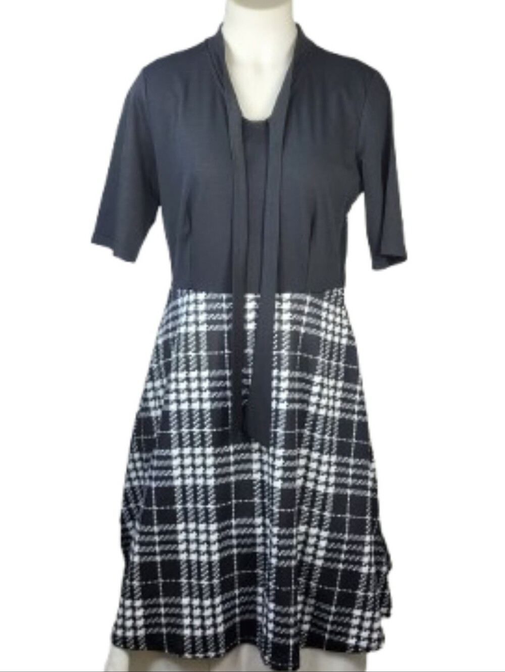 Oxiuly Fashion Black White Plaid Tie Neck Pocket Fit-and-Flare Midi Dress Sz Xl